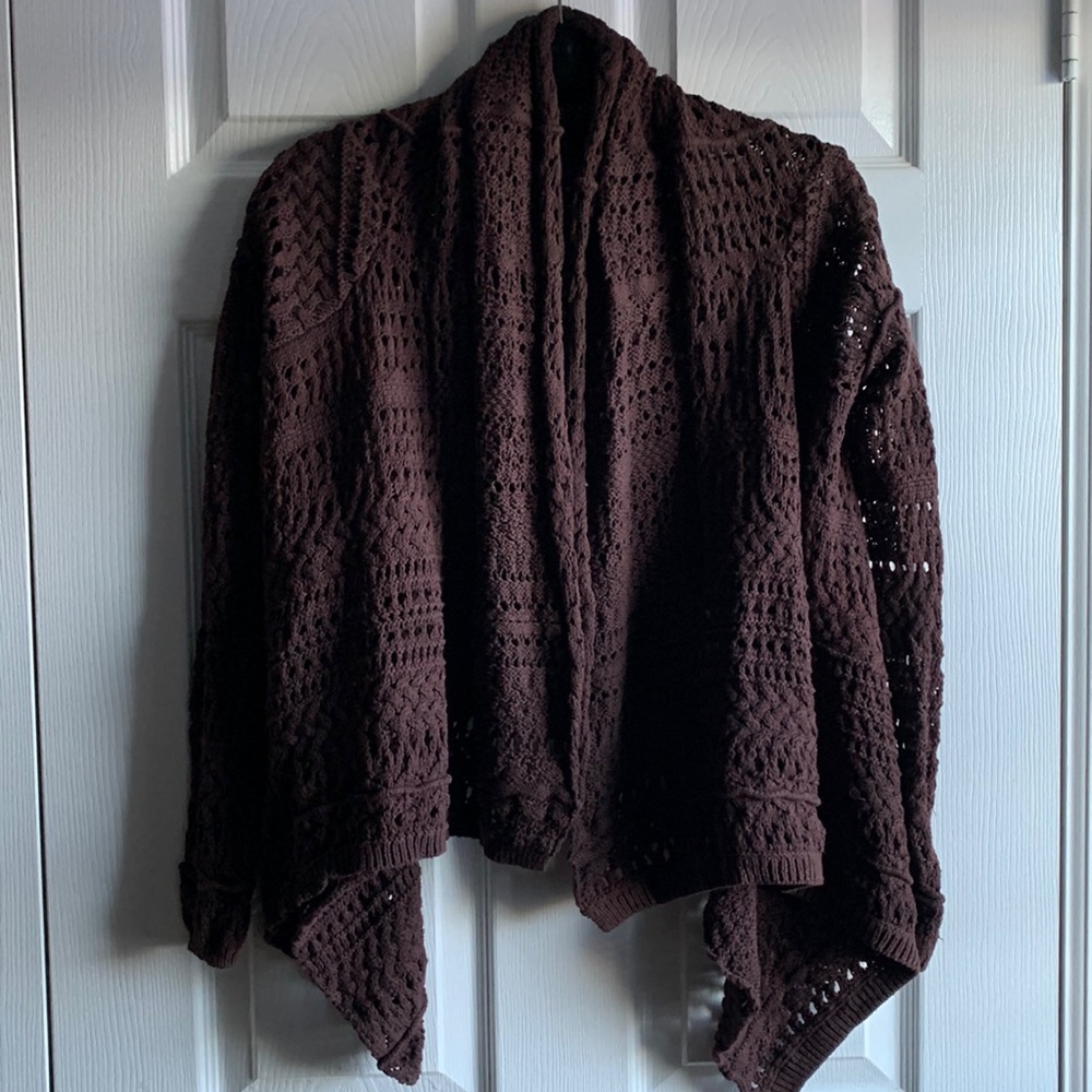 Moda International Brown Crochet Sweater / Cardigan - Size XS, 100% Cotton